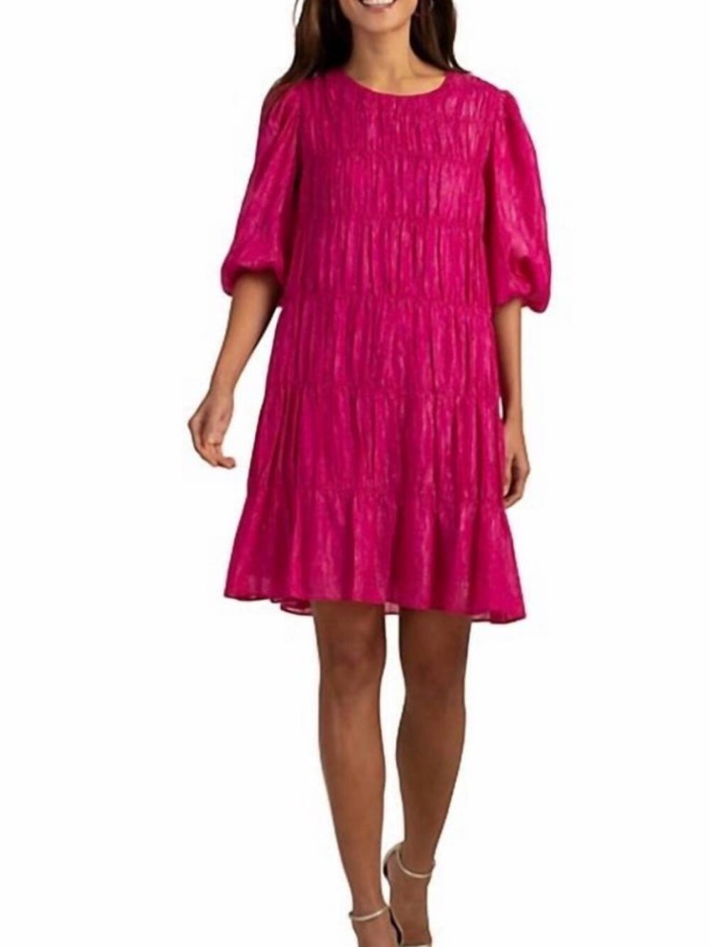 Trina Turk Hot Pink Pleated Silver Shimmer Tiered Dress Women's size S